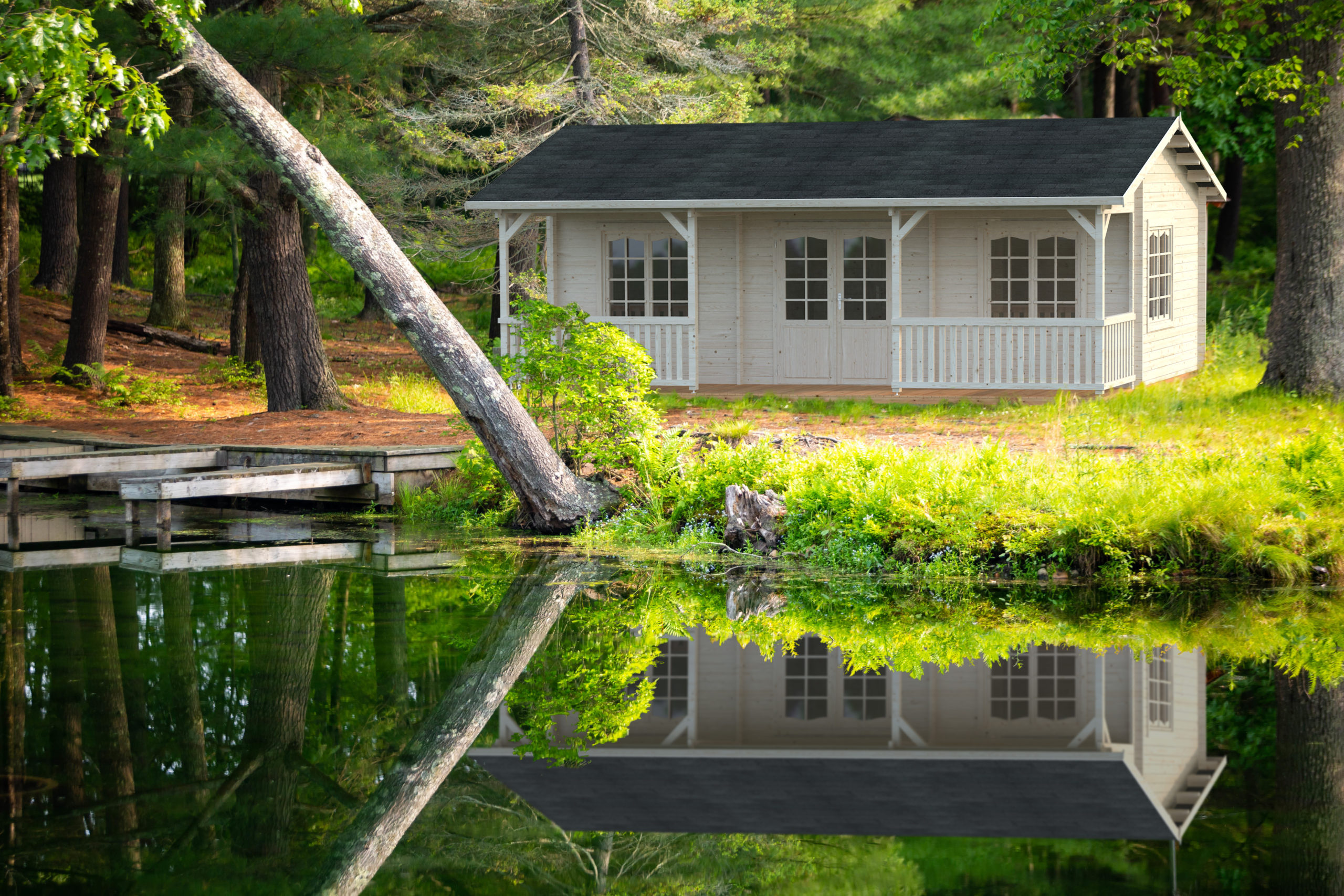 Summer home cabin in the woods at the lake