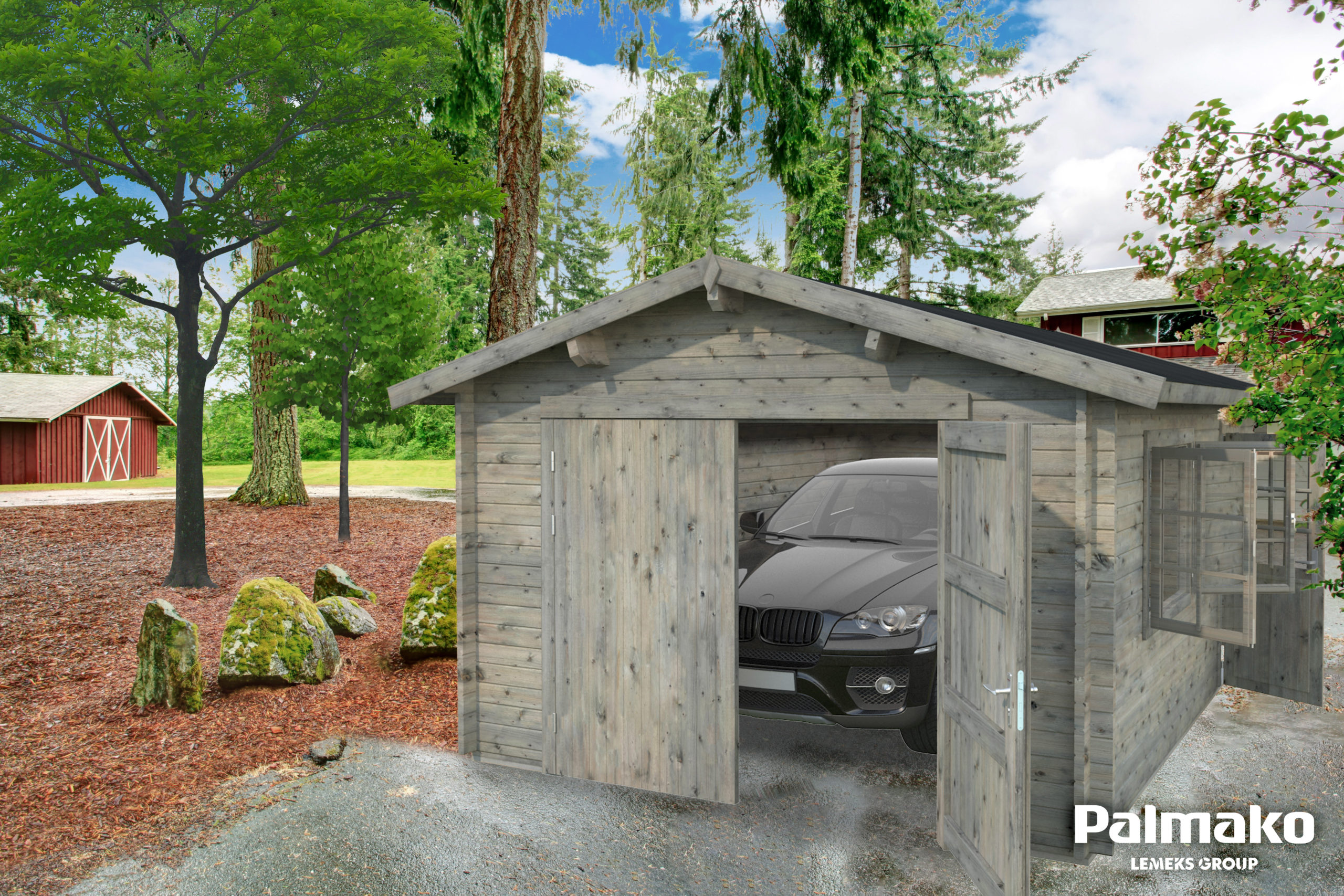 View of garage and wet driveway.