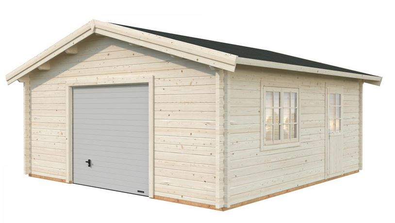 Garage bois en madriers de 70 mm avec une porte sectionnelle